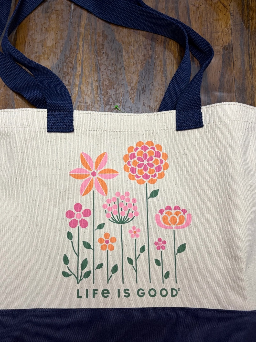 Life Is Good Cream Canvas Tote with Pink, Orange & Navy Accents